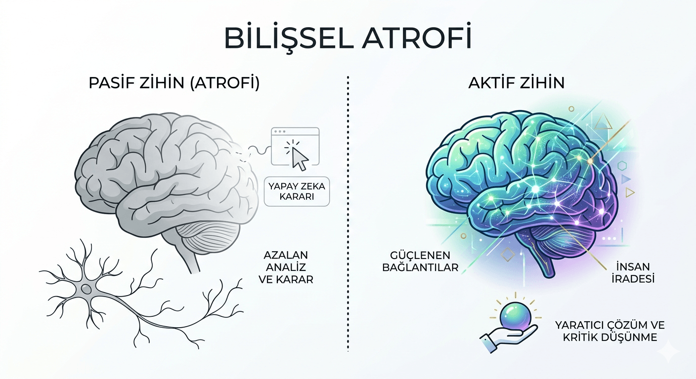 Bilissel atrofi kavramini aciklayan minimal bir infografik